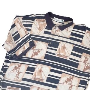 Vintage 90s Nautical Sailing All Over Print Polo Shirt L Linen Cotton Blend